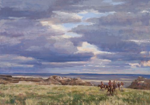 An oil painting in the Romantic style, featuring a western sky in vibrant blues and purples, and muted browns, yellows, and greens, depicting a Lakota group on horseback, drawing your eye to the vanishing point.