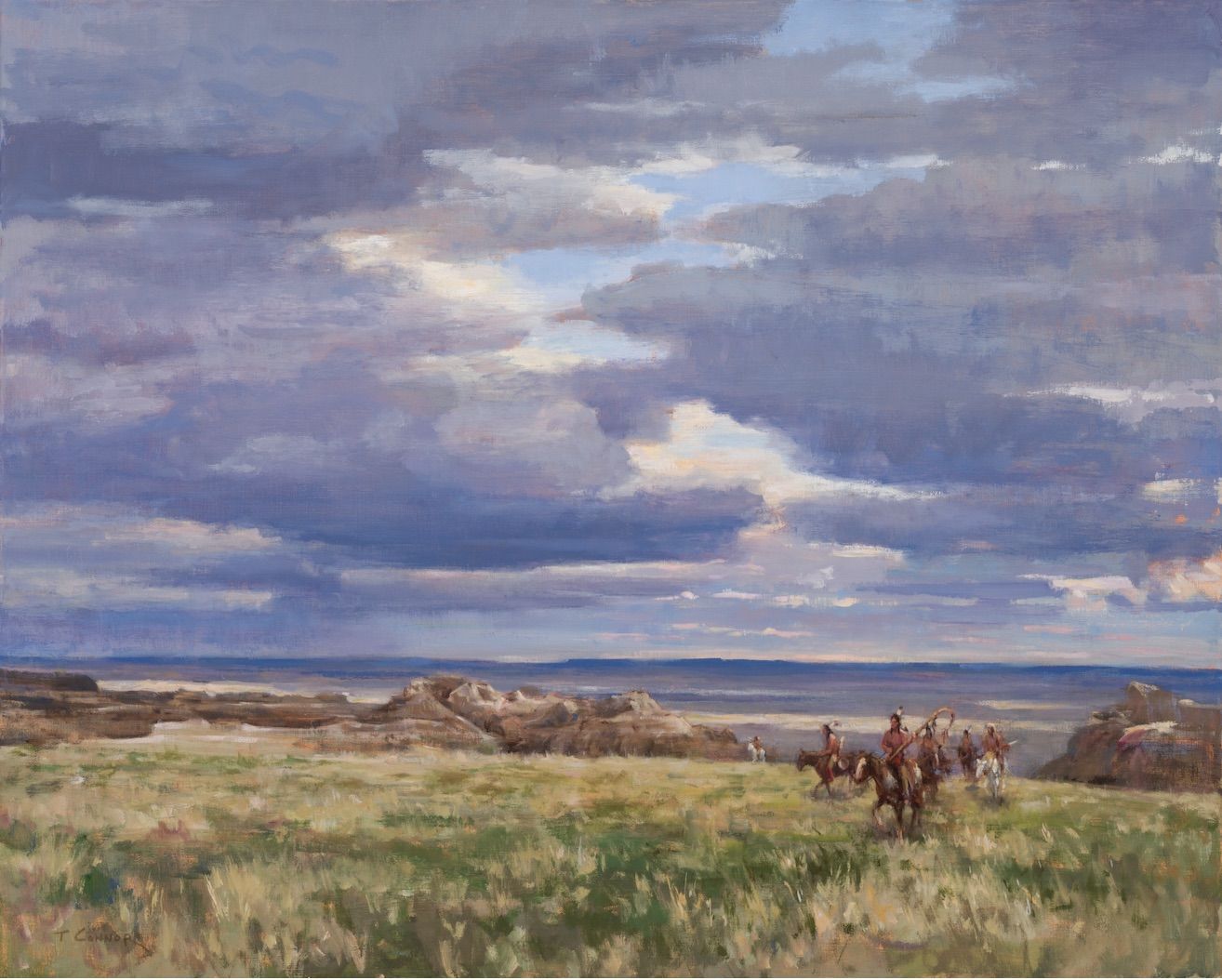 An oil painting in the Romantic style, featuring a western sky in vibrant blues and purples, and muted browns, yellows, and greens, depicting a Lakota group on horseback, drawing your eye to the vanishing point.