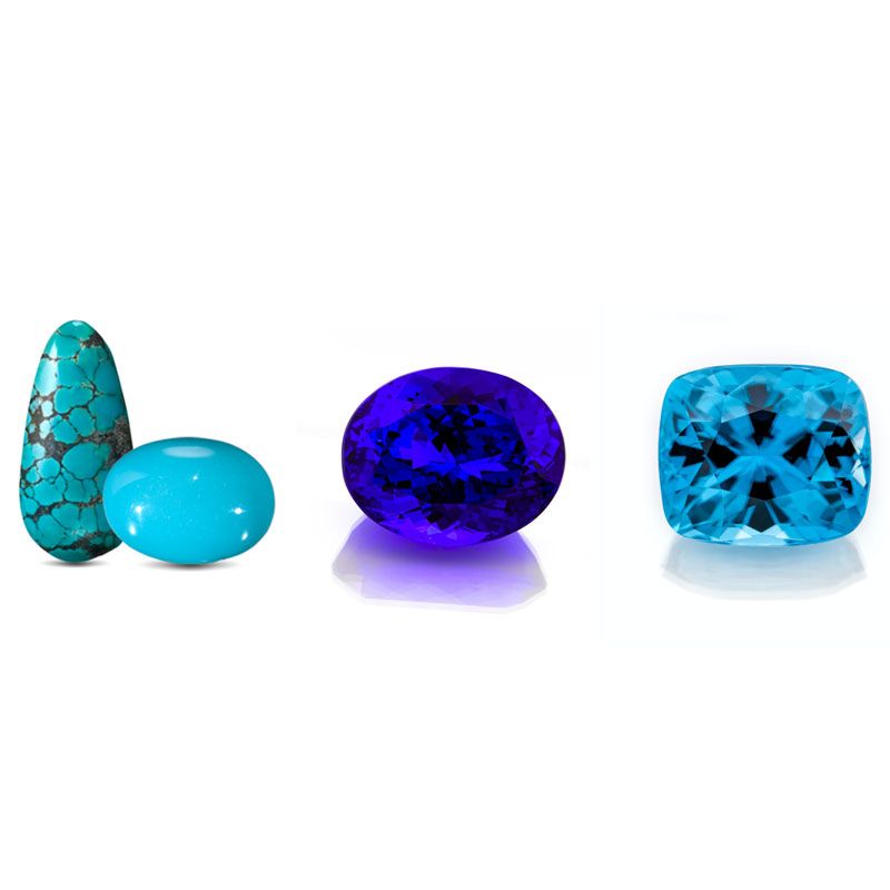 December birthstones Turquoise, Tanzanite, and Blue Zircon