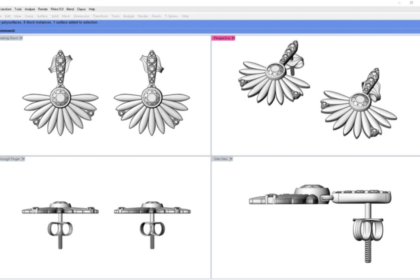 A CAD Design Drawing for a Pair of Flower Earrings